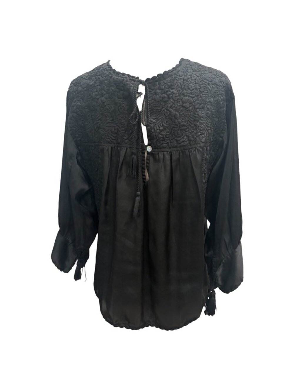 Sister Mary Black Embroidered Boho Peasant Blouse Tassel Tie Long Sleeve Size M - Picture 4 of 7